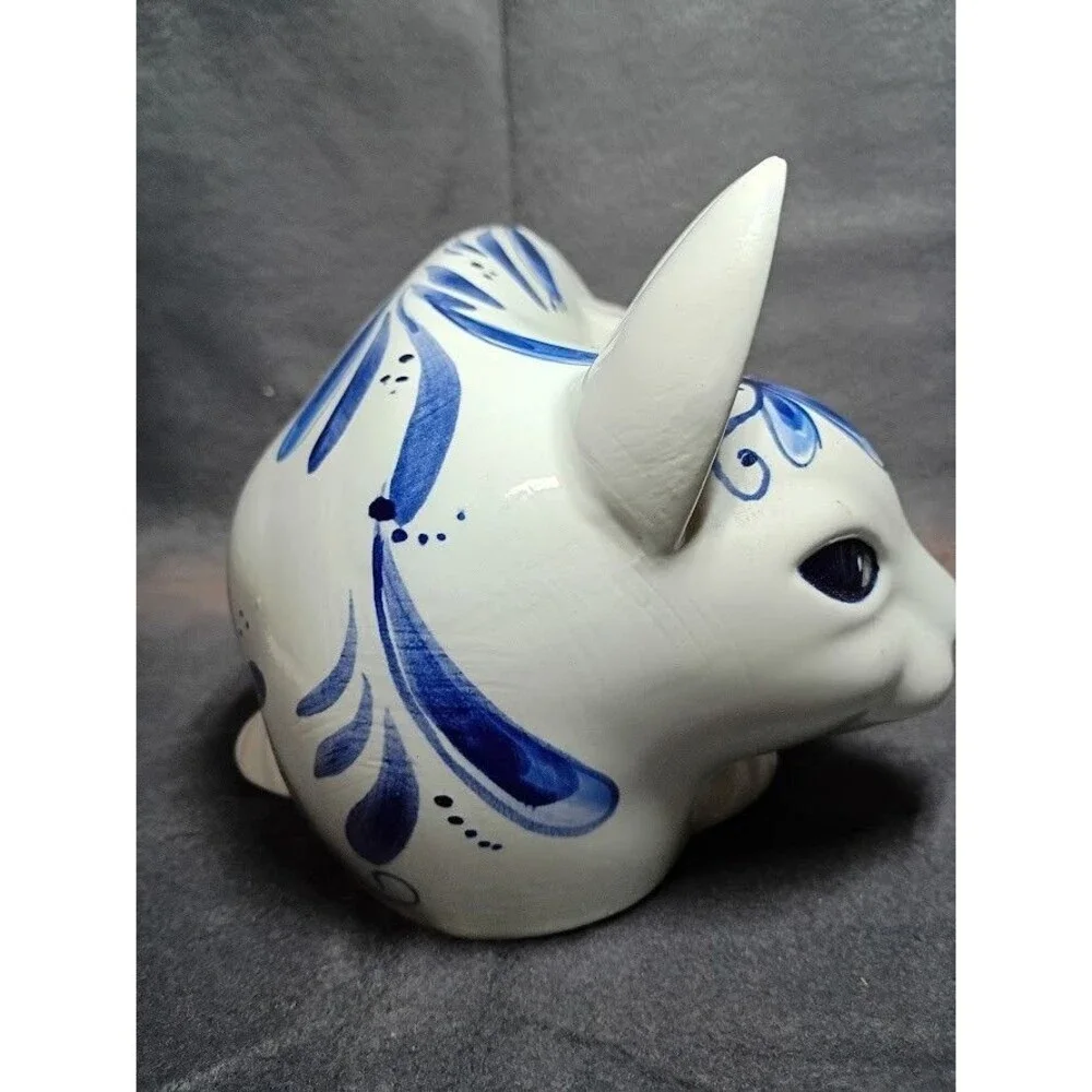 Vintage Cobalt Blue & White Flowers Laying On side Hand-Painted Cat By Alice